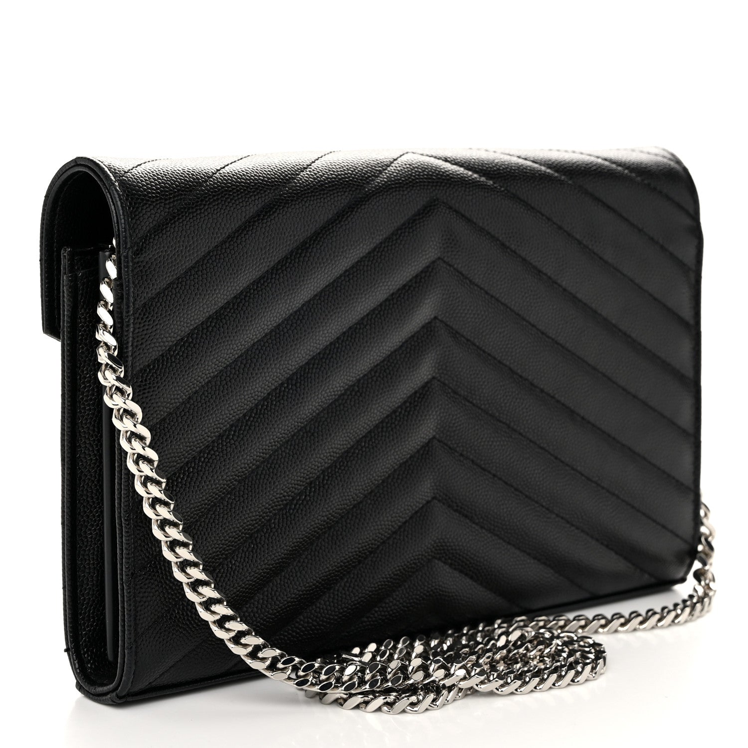 Saint Laurent Grain De Poudre Matelasse Chevron Monogram Chain Wallet Black 3 of 10