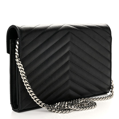 Saint Laurent Grain De Poudre Matelasse Chevron Monogram Chain Wallet Black 3 of 10