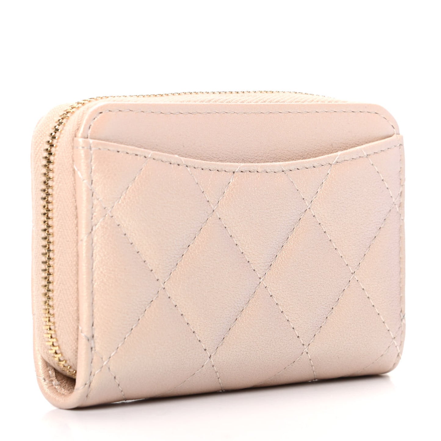 Iridescent Calfskin Quilted Zip Coin Purse Wallet Beige