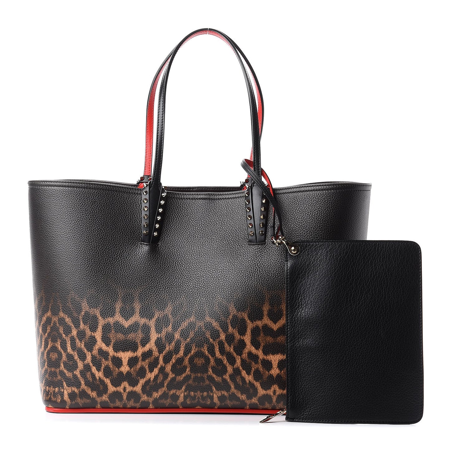 Calfskin Degrade Leopard Print Spikes East West Cabata Tote Black Multi