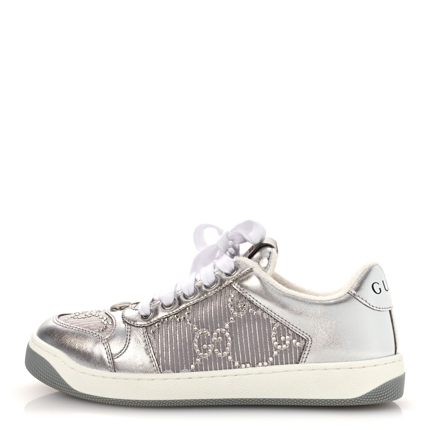 Gucci Metallic Nappa Silk Crystals Womens Screener Sneakers 35 Silver Light Grey 1 of 11