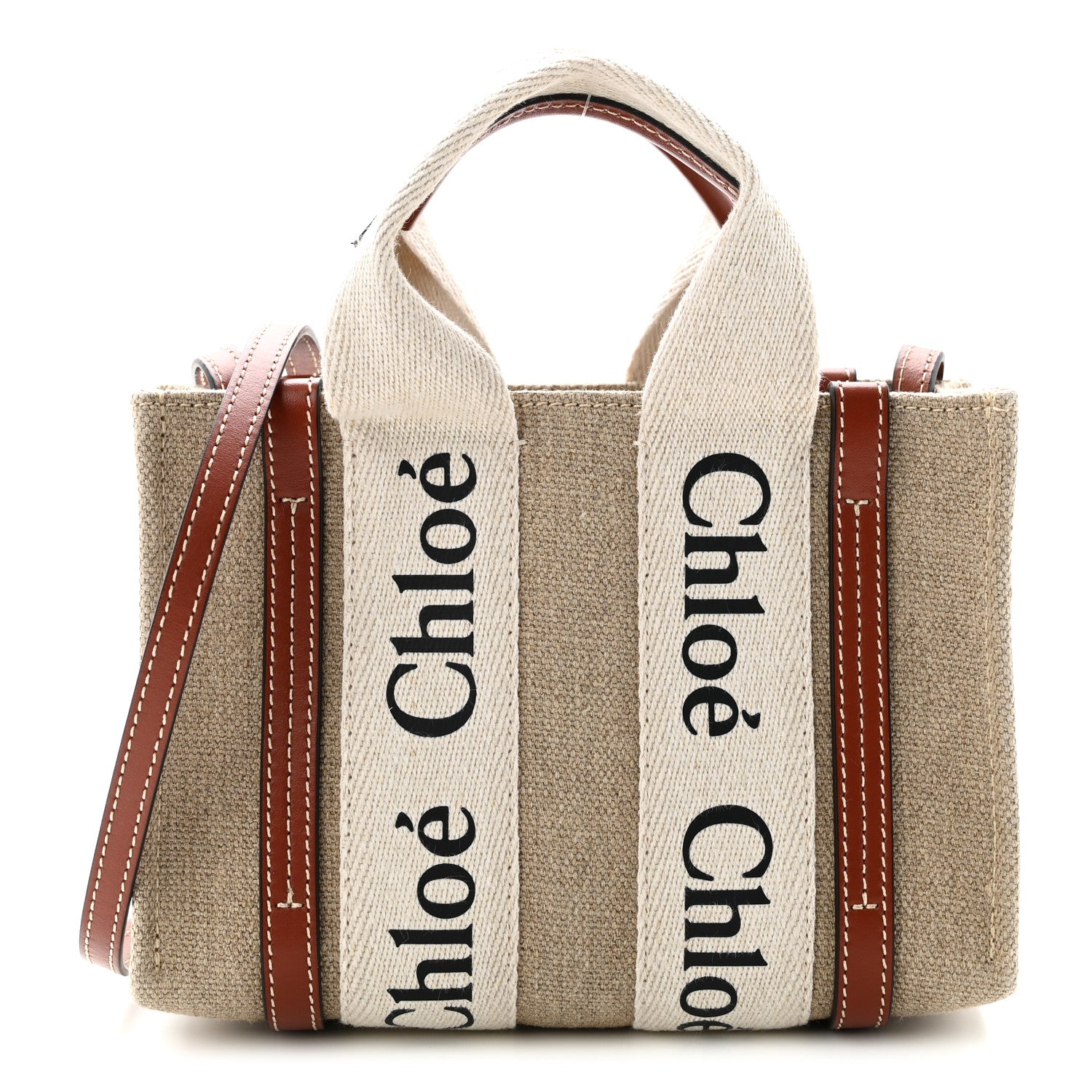 Chloe Cotton Calfskin Mini Woody Ribbon Tote White Brown White Brown 1 of 10