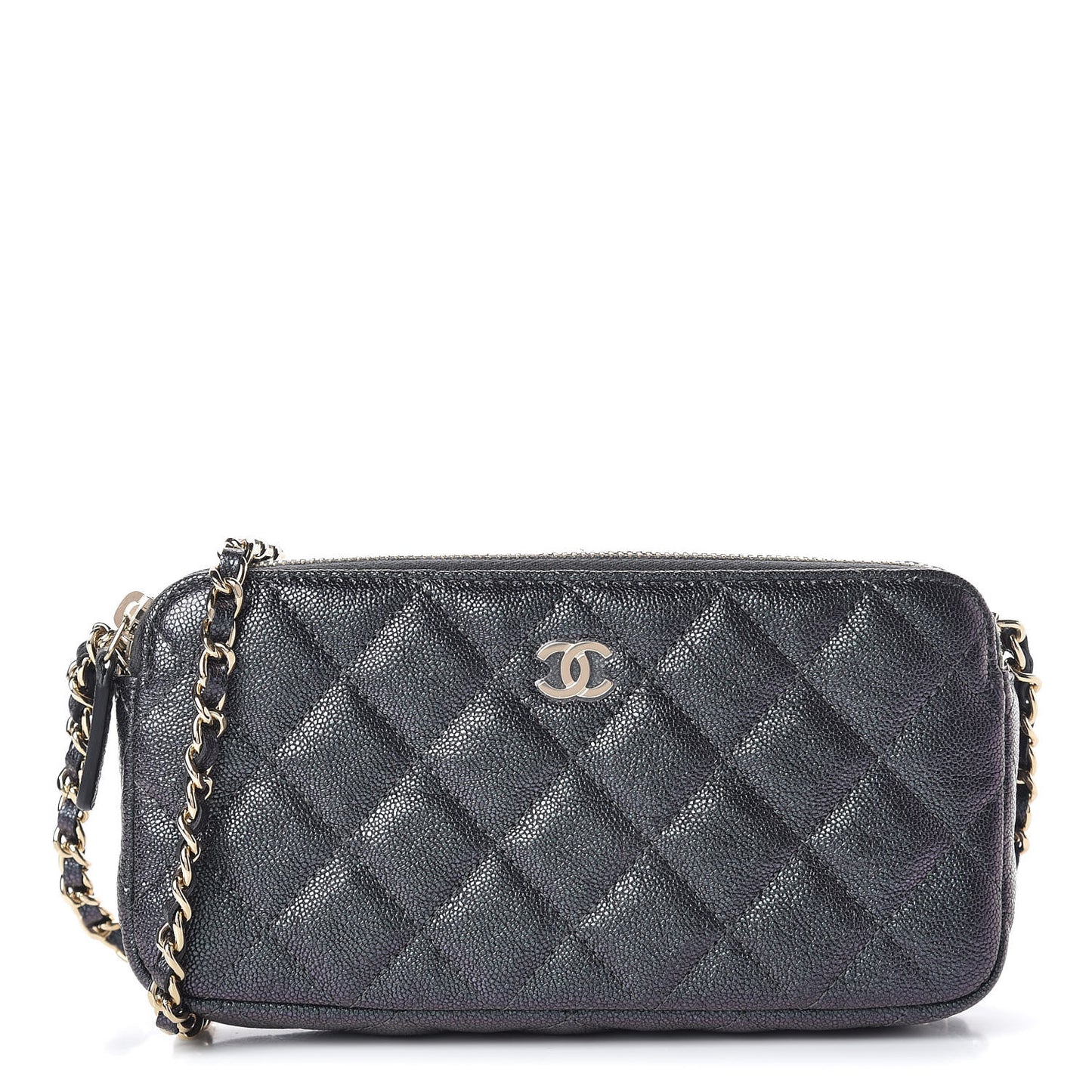 Iridescent Caviar Quilted Clutch With Chain Black
