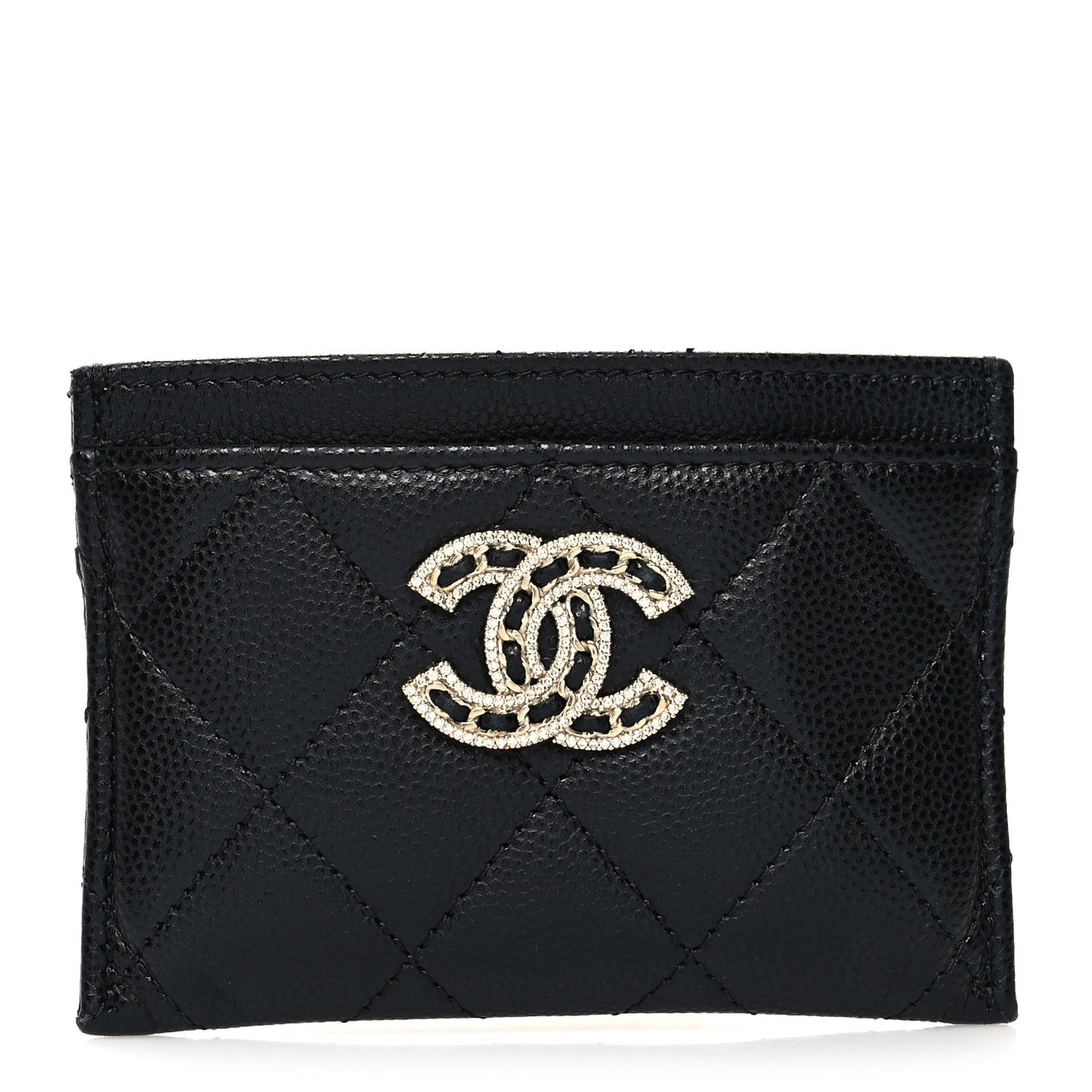 Caviar Quilted Crystal Card Holder Black
