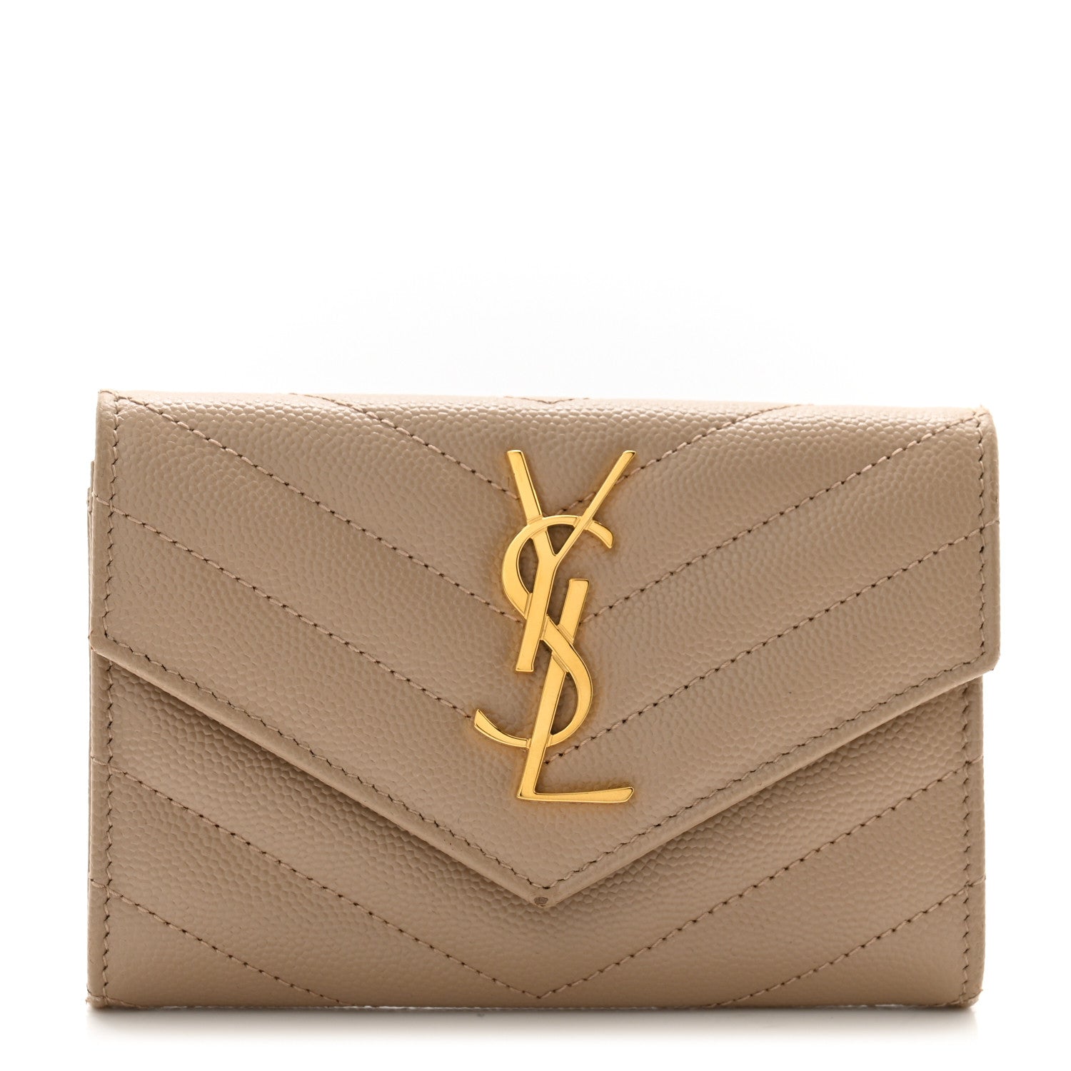 Saint Laurent Grain De Poudre Matelasse Chevron Small Monogram Envelope Wallet Dark Beige 1 of 8