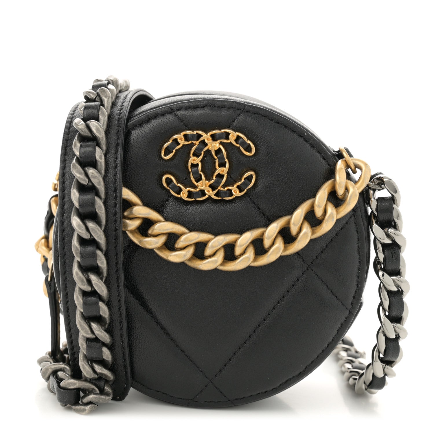 Chanel Lambskin Quilted Chanel 19 Round Clutch With Chain Black 1 of 12