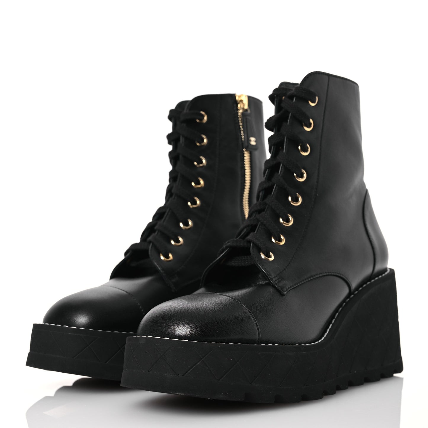 Lambskin Quilted Lace Up Wedge Combat Boots 37.5 Black