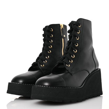 Chanel Lambskin Quilted Lace Up Wedge Combat Boots 37.5 Black 3 of 11
