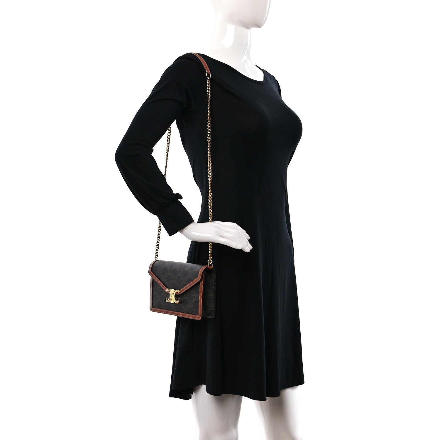 Celine Triomphe Canvas Calfskin Wallet on Chain Tan 2 of 9