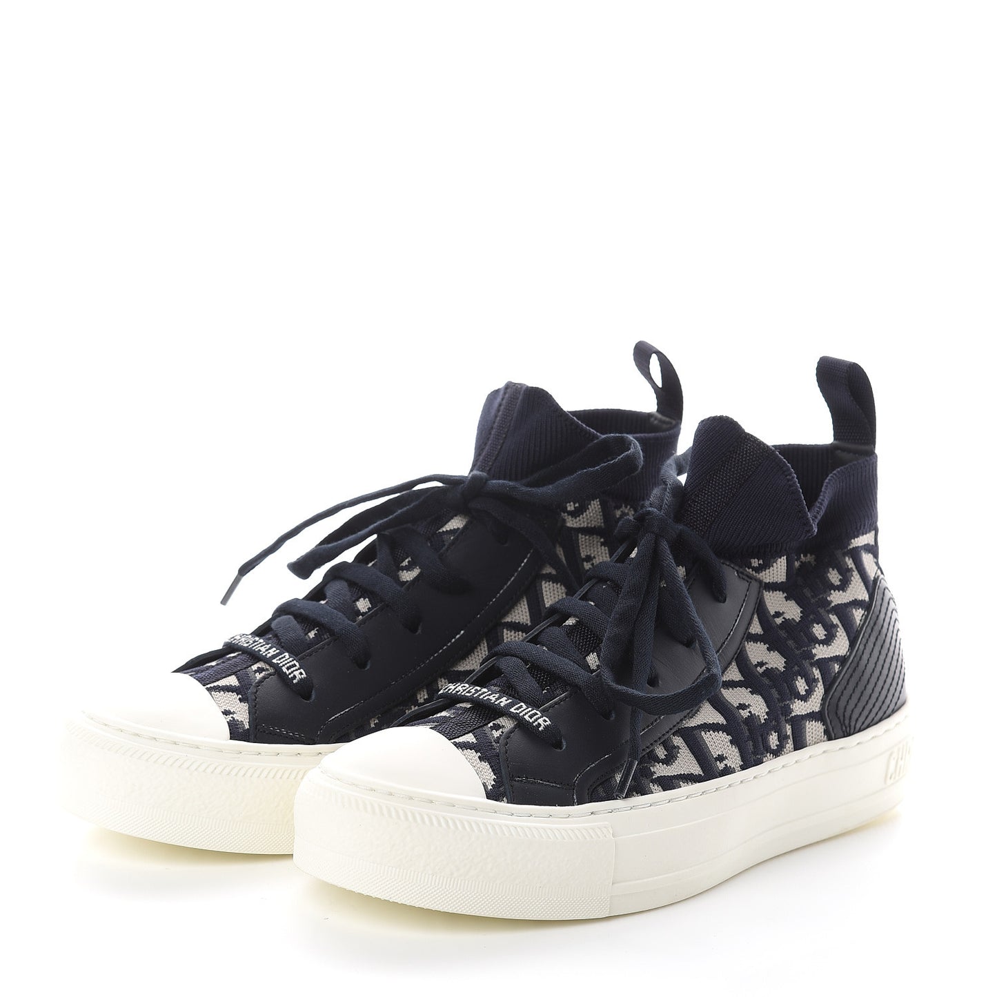Technical Knit Calfskin Oblique Womens Walk'n Dior Mid Top Sneakers 35.5 Deep Blue