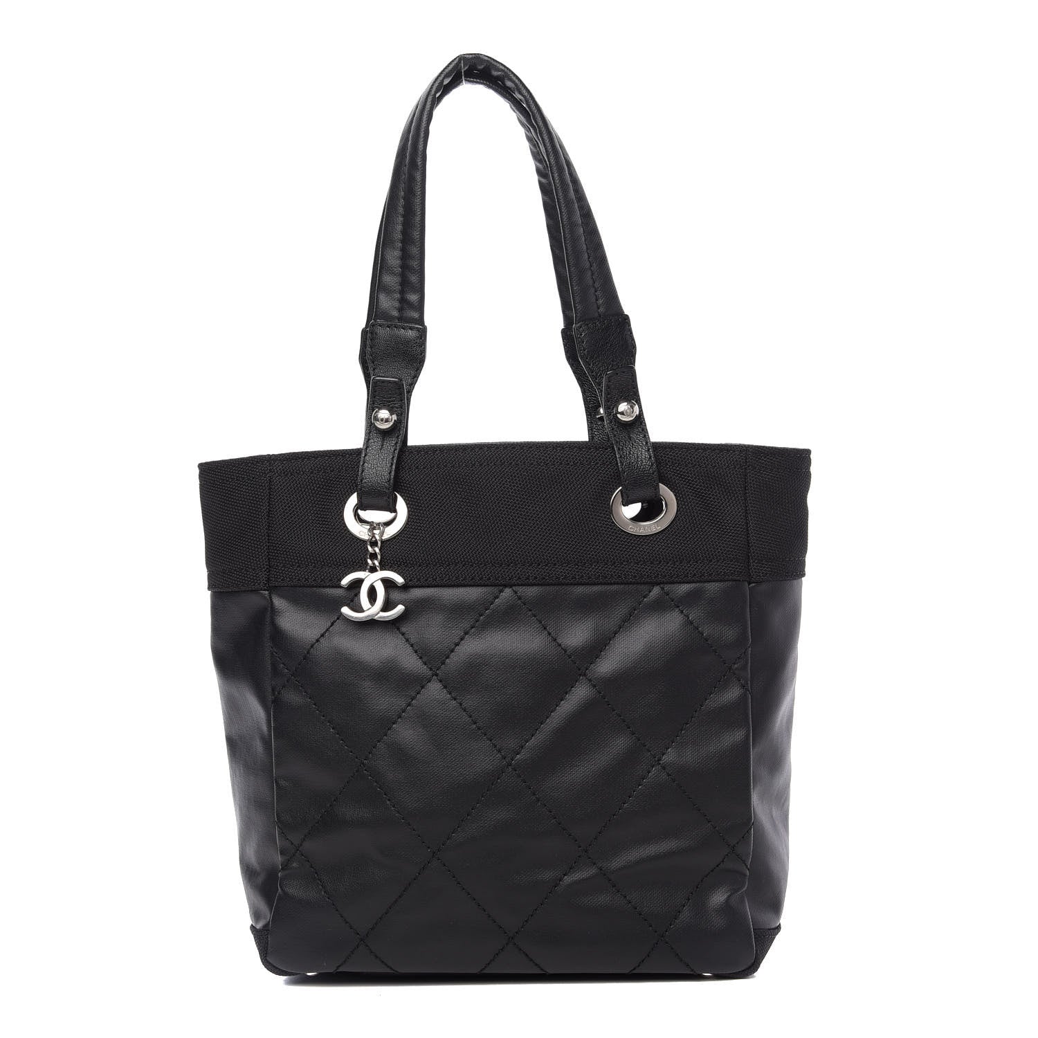 Chanel Coated Canvas Quilted Small Paris Biarritz Tote Black 1 of 9