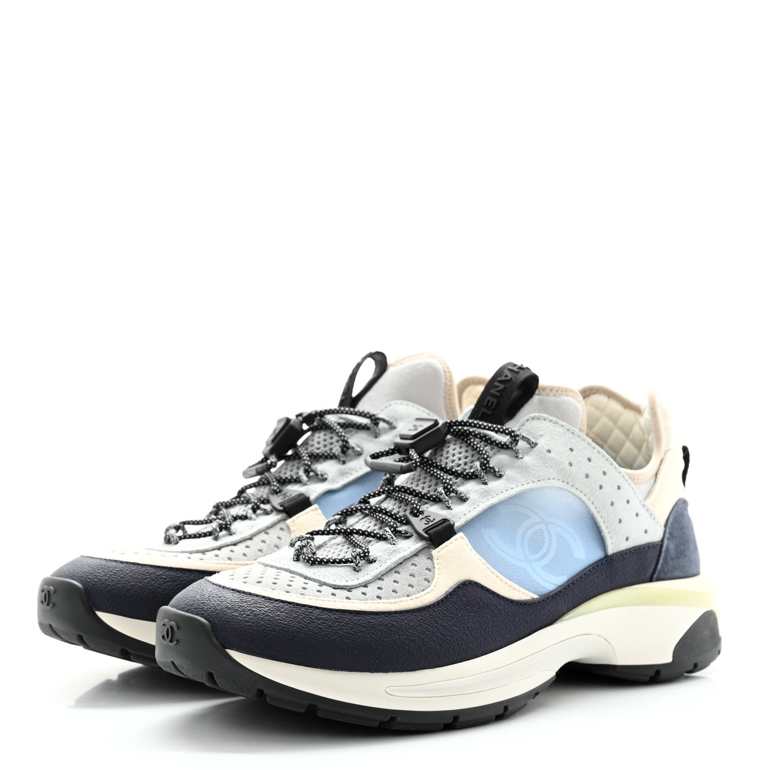 Chanel Fabric Suede Calfskin Mesh Womens CC Sneakers 40 Black Blue Ivory 3 of 8