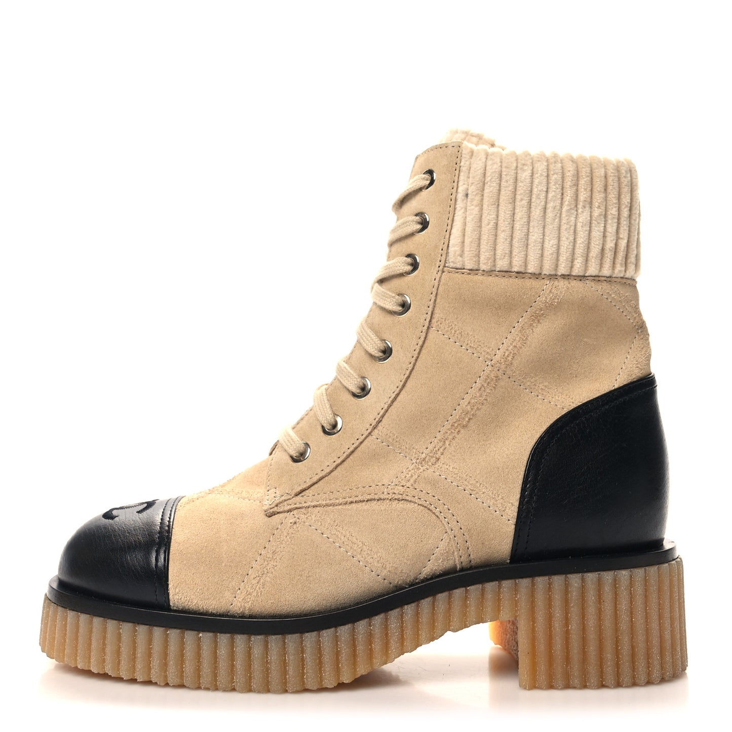 Suede Calfskin Velvet Quilted CC Combat Boots 35.5 Beige Black