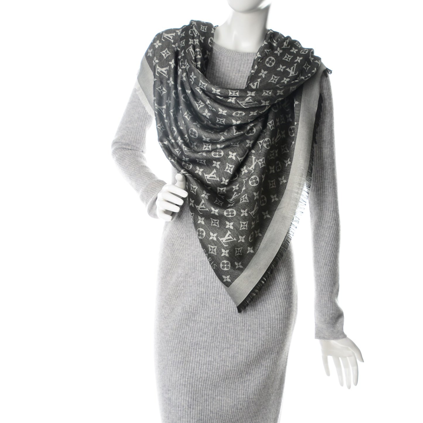 Wool Silk Monogram Denim Shawl Black