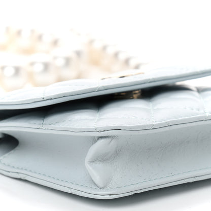 Chanel Calfskin Quilted Maxi Pearls Card Holder Flap With Chain Light Blue 6 of 10
