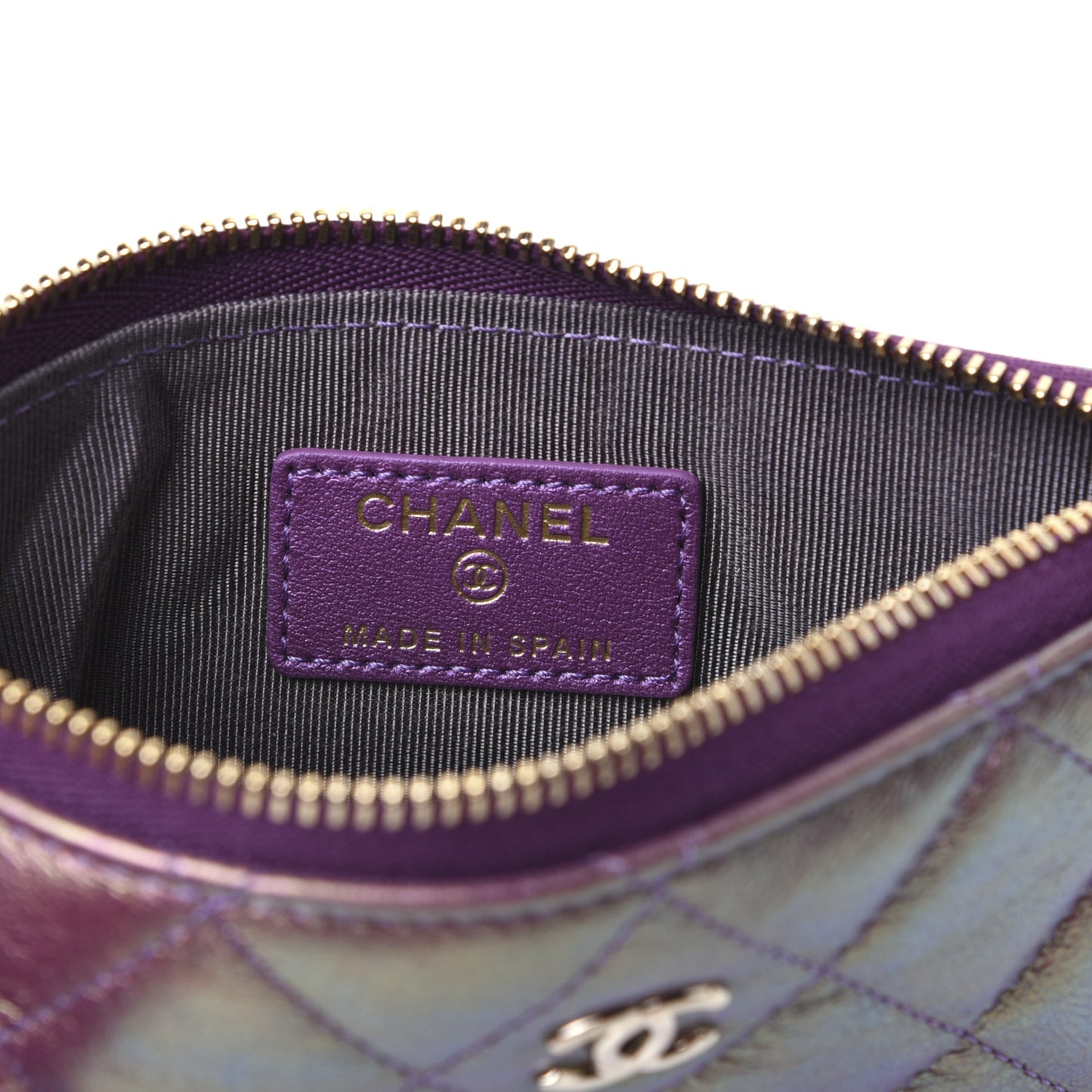 Iridescent Lambskin Quilted Small Cosmetic Case Purple