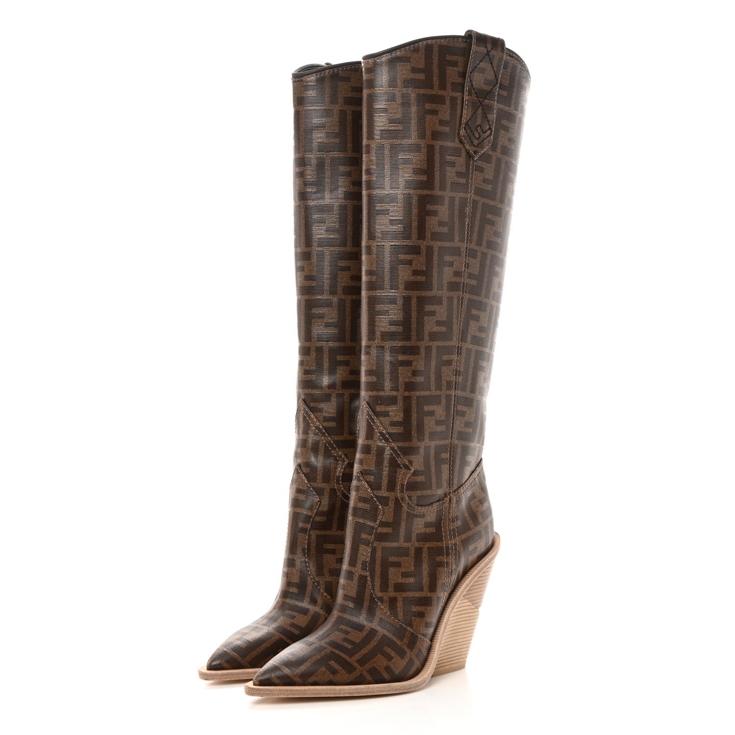Fendi Glazed Fabric FF 1974 Cutwalk Tall Boots 37 Mogano Panna 3 of 7