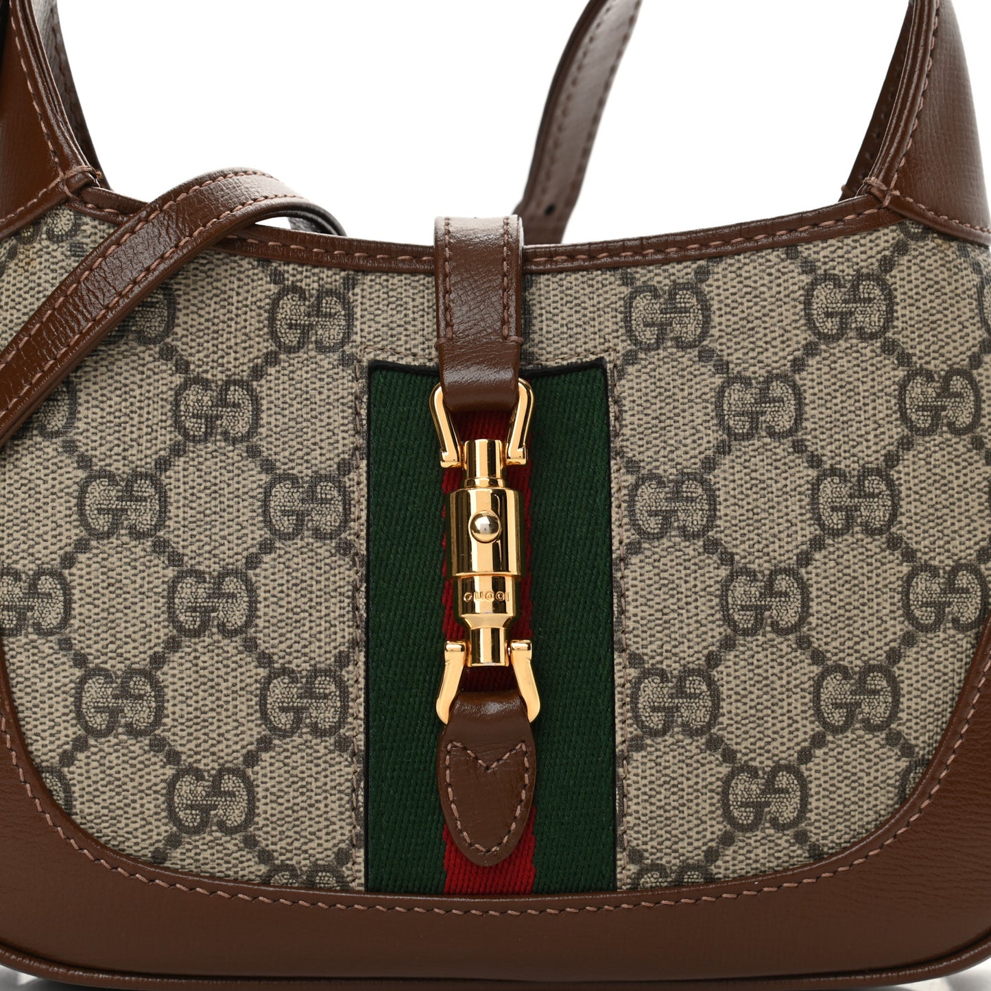 GG Supreme Monogram Azalea Calfskin Web Mini Jackie 1961 Hobo Beige Ebony Brown Sugar