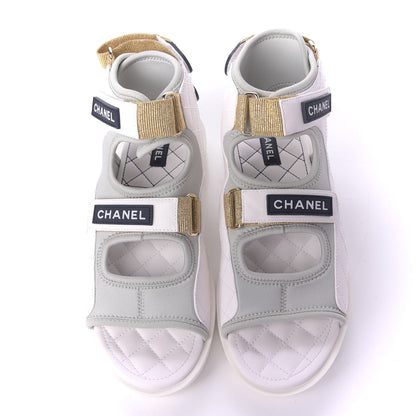 Chanel Goatskin Fabric Gladiator Sandals 41 White Light Grey Navy Blue 5 of 10