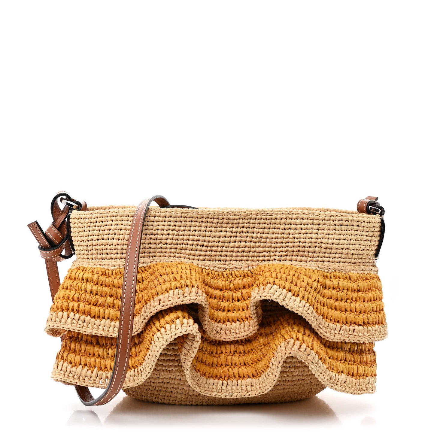 Raffia Calfskin Paulas Ibiza Ruffle Pochette Bag Natural Yellow Tan