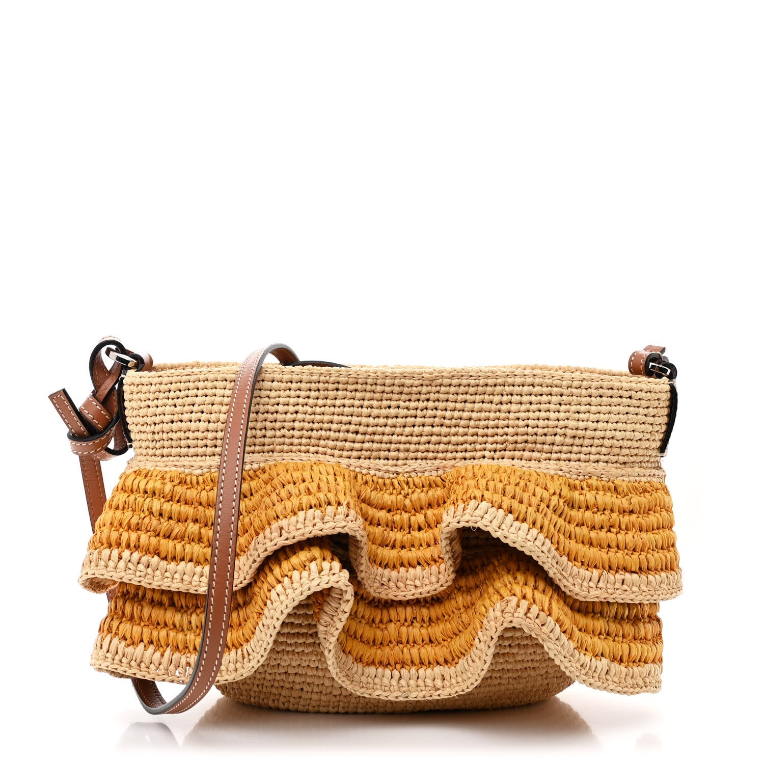Loewe Raffia Calfskin Paulas Ibiza Ruffle Pochette Bag Natural Yellow Tan 1 of 10