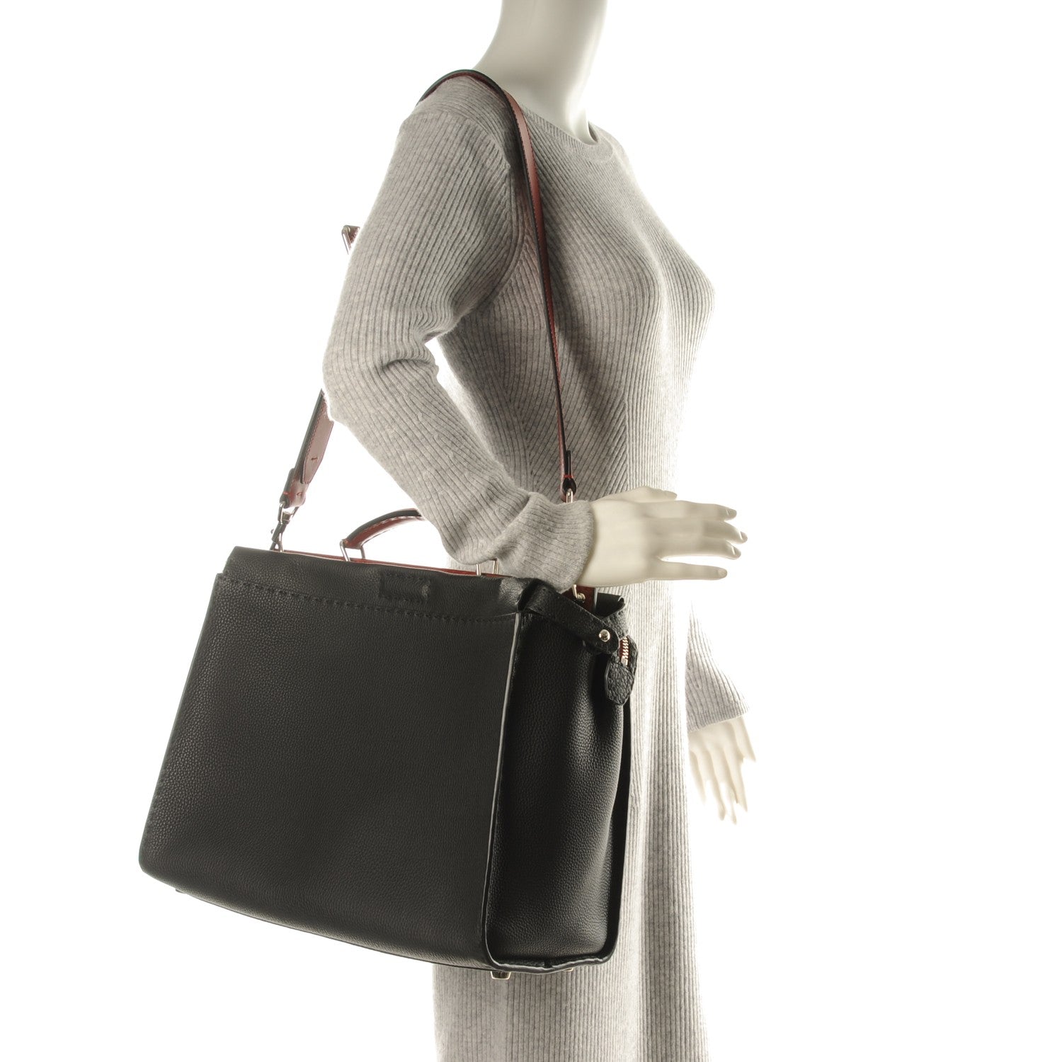 Fendi Cuoio Romano Selleria Vitello Zeus Large Mens Peekaboo Iconic Essential Satchel Black Rosso 2 of 8