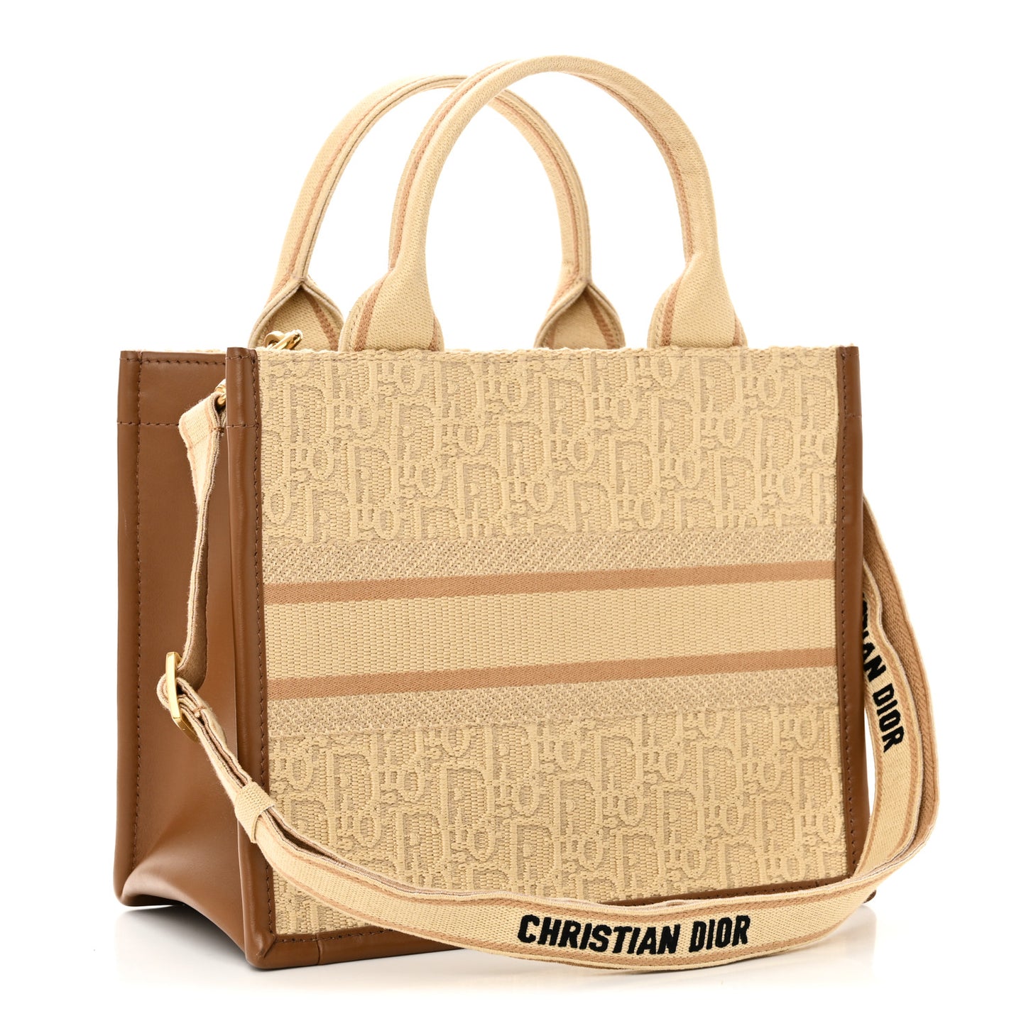 Raffia Calfskin Oblique Embroidered Small Book Tote Beige Camel