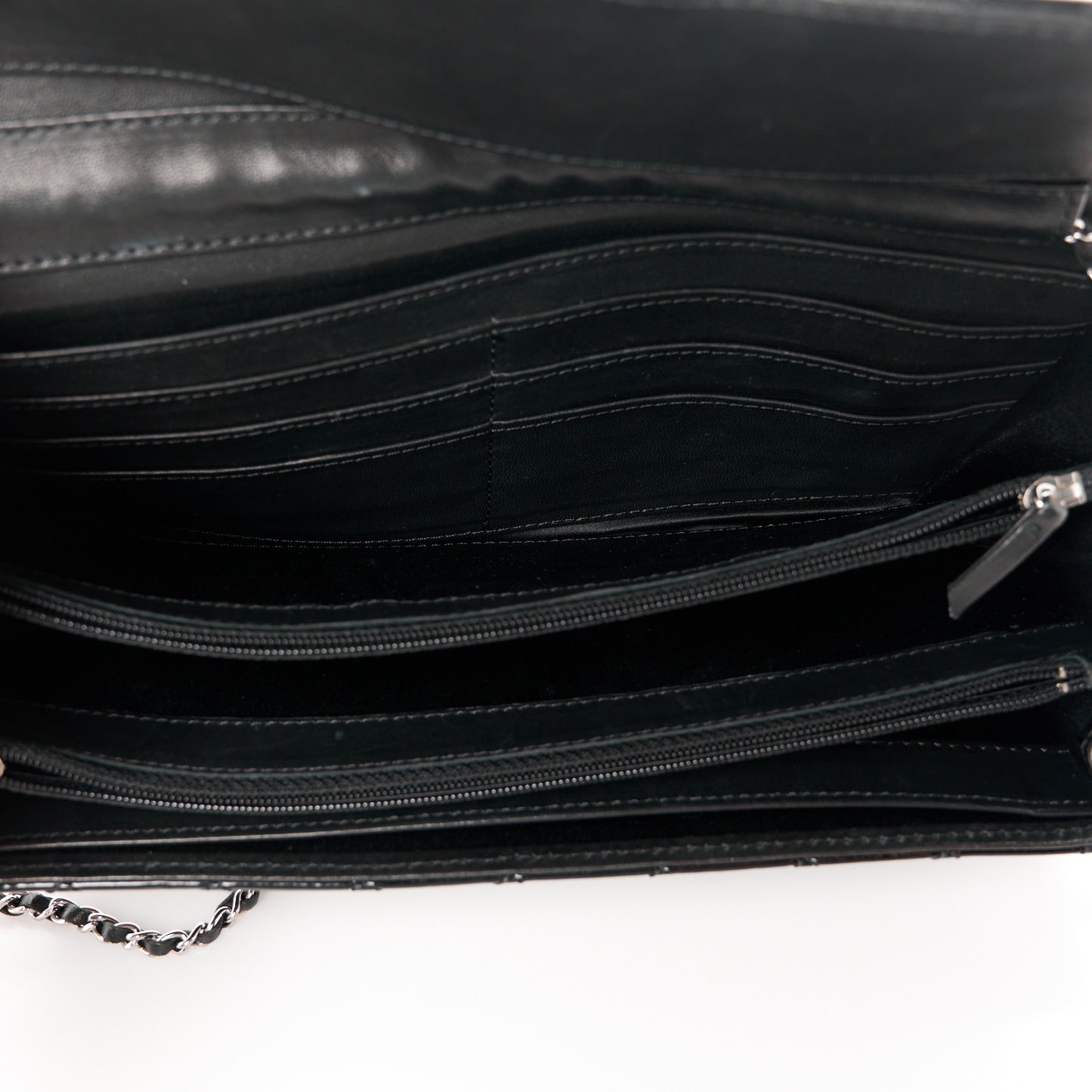 Patent Calfskin Quilted Flap Clutch With Chain Black