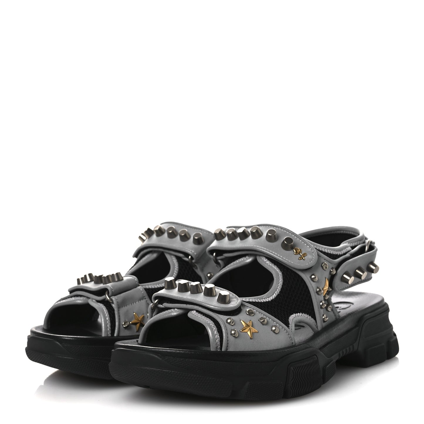 Technical Canvas Calfskin Reflective Studded Mens Aguru Sandals 6.5 Silver Black