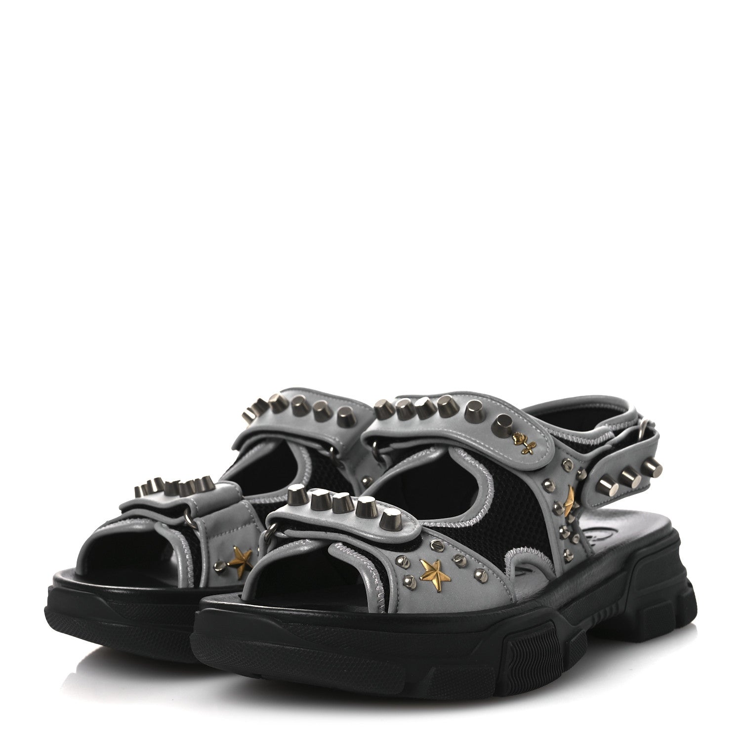 Gucci Technical Canvas Calfskin Reflective Studded Mens Aguru Sandals 6.5 Silver Black 4 of 9