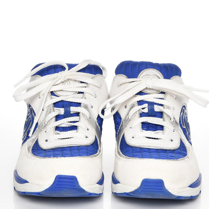 Chanel Suede Calfskin CC Sneakers 37.5 White Blue Yellow 2 of 8