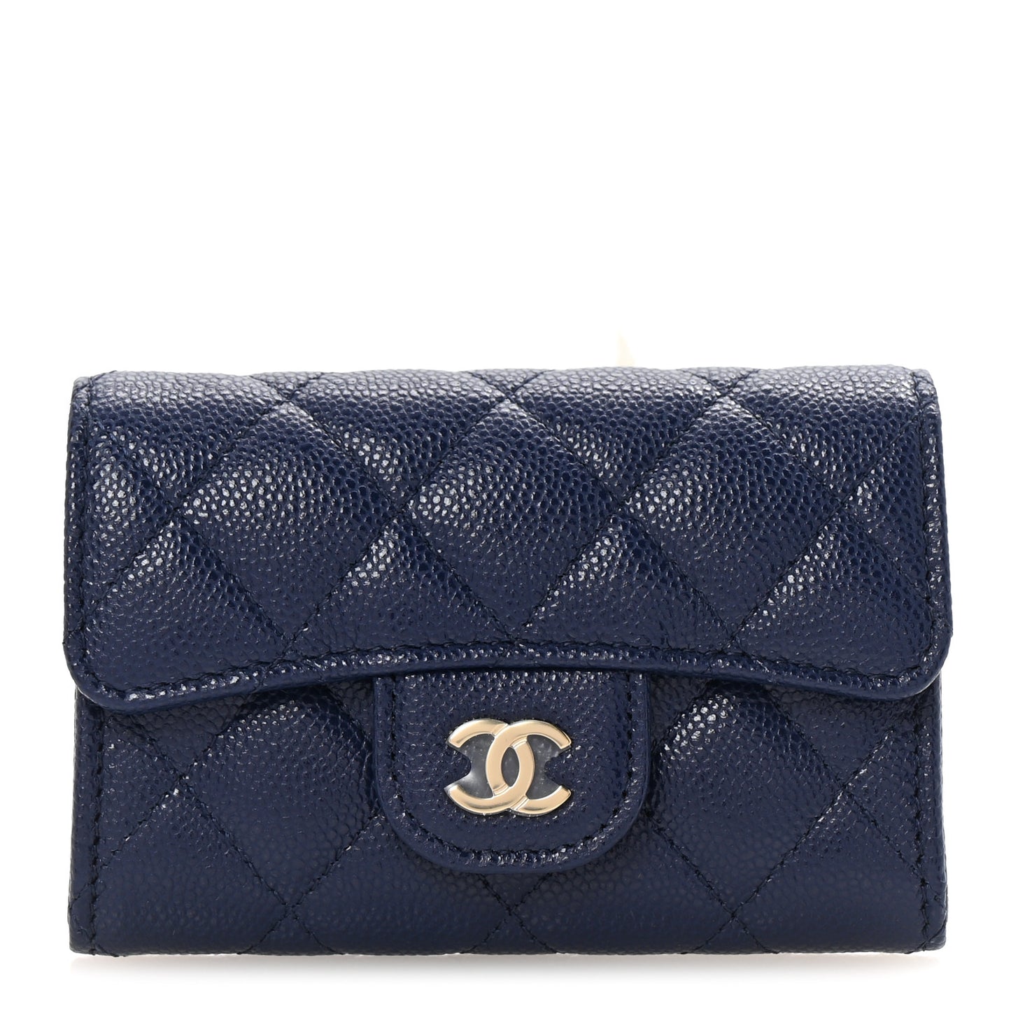Caviar Quilted Flap Card Holder Wallet Navy Blue