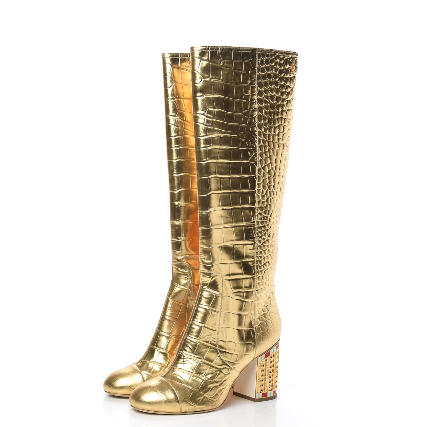 Calfskin Crocodile Embossed Cap Toe High Boots 41 Gold