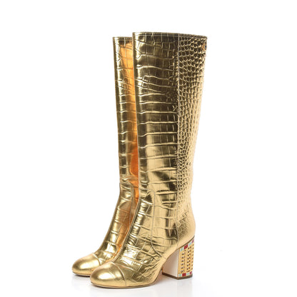 Chanel Calfskin Crocodile Embossed Cap Toe High Boots 41 Gold 3 of 8