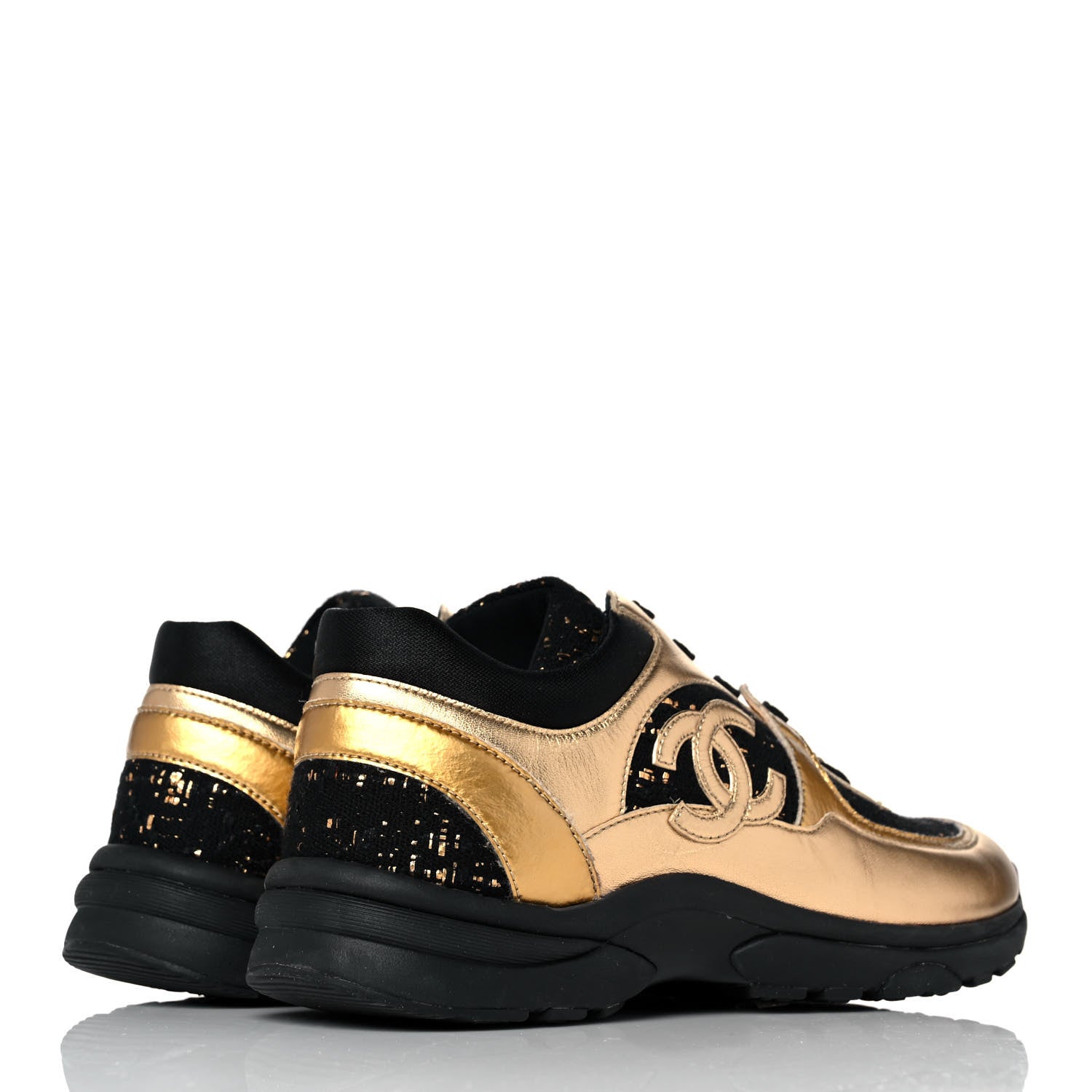 Chanel Satin Lambskin Fabric Tweed CC Sneakers 38.5 Gold Black 4 of 8