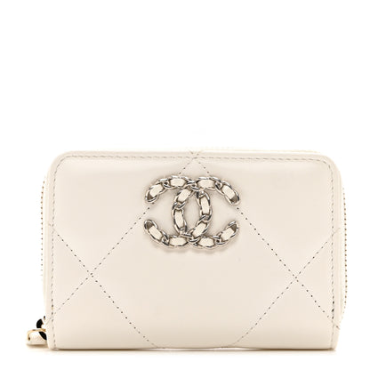 Chanel Lambskin Quilted Chanel 19 Zip Around Coin Purse Wallet White 1 of 8