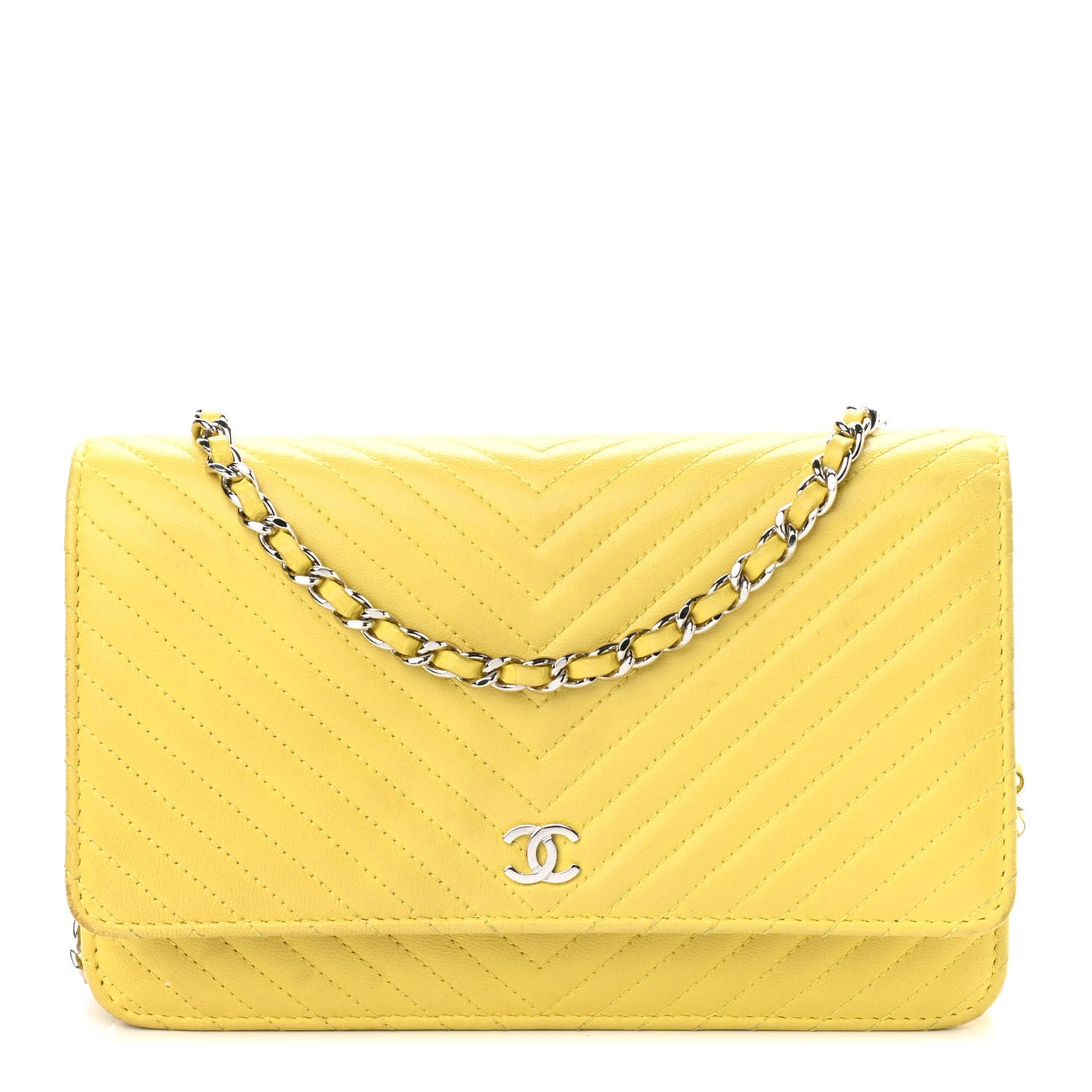 Lambskin Chevron Quilted Wallet On Chain WOC Yellow