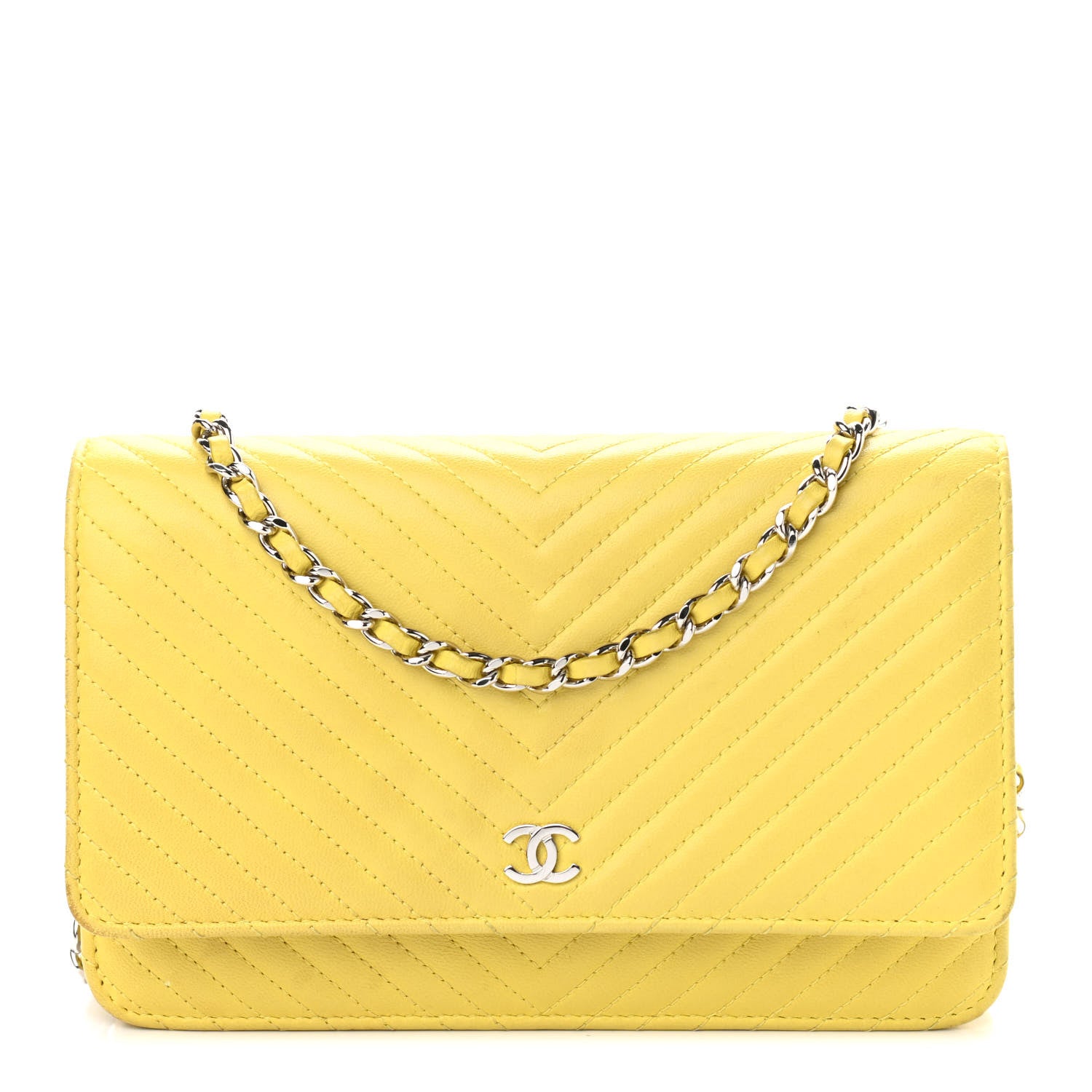 Chanel Lambskin Chevron Quilted Wallet On Chain WOC Yellow 1 of 14