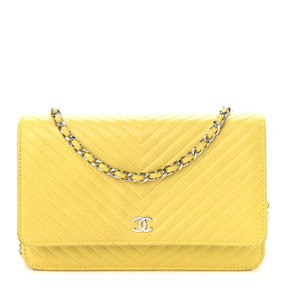 Chanel Lambskin Chevron Quilted Wallet On Chain WOC Yellow 1 of 14