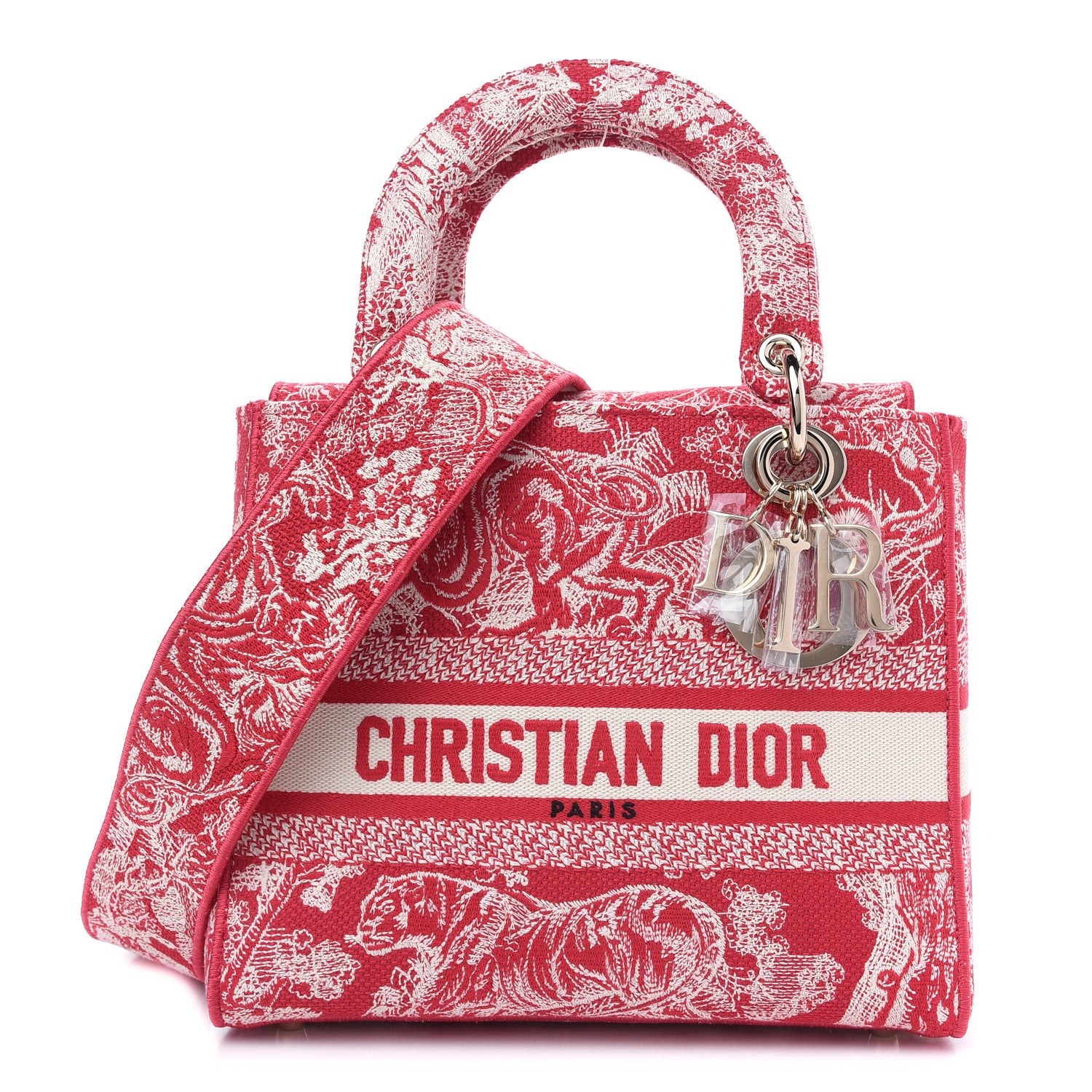 Christian Dior Canvas Toile De Jouy Reverse Embroidered Medium Lady D-Lite Red 1 of 8