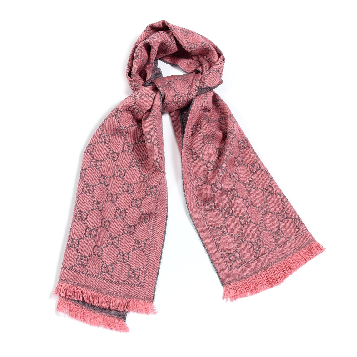 Gucci Wool Jacquard Monogram Reversible Stencil Fringe Scarf Pink 1 of 5