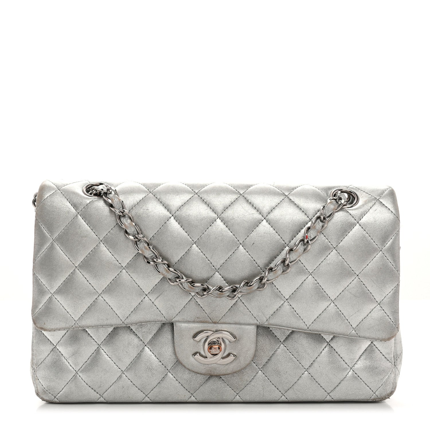 Chanel Metallic Lambskin Quilted Medium Double Flap Silver 1 of 15