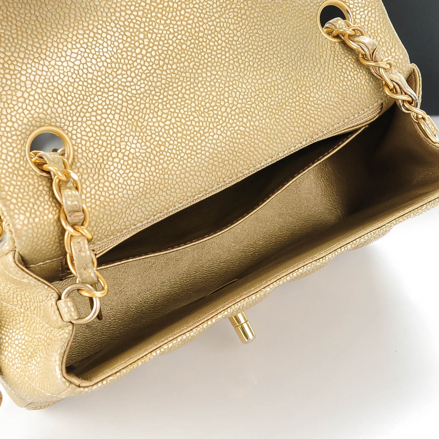 Pearly Caviar Quilted Mini Rectangular Flap Gold