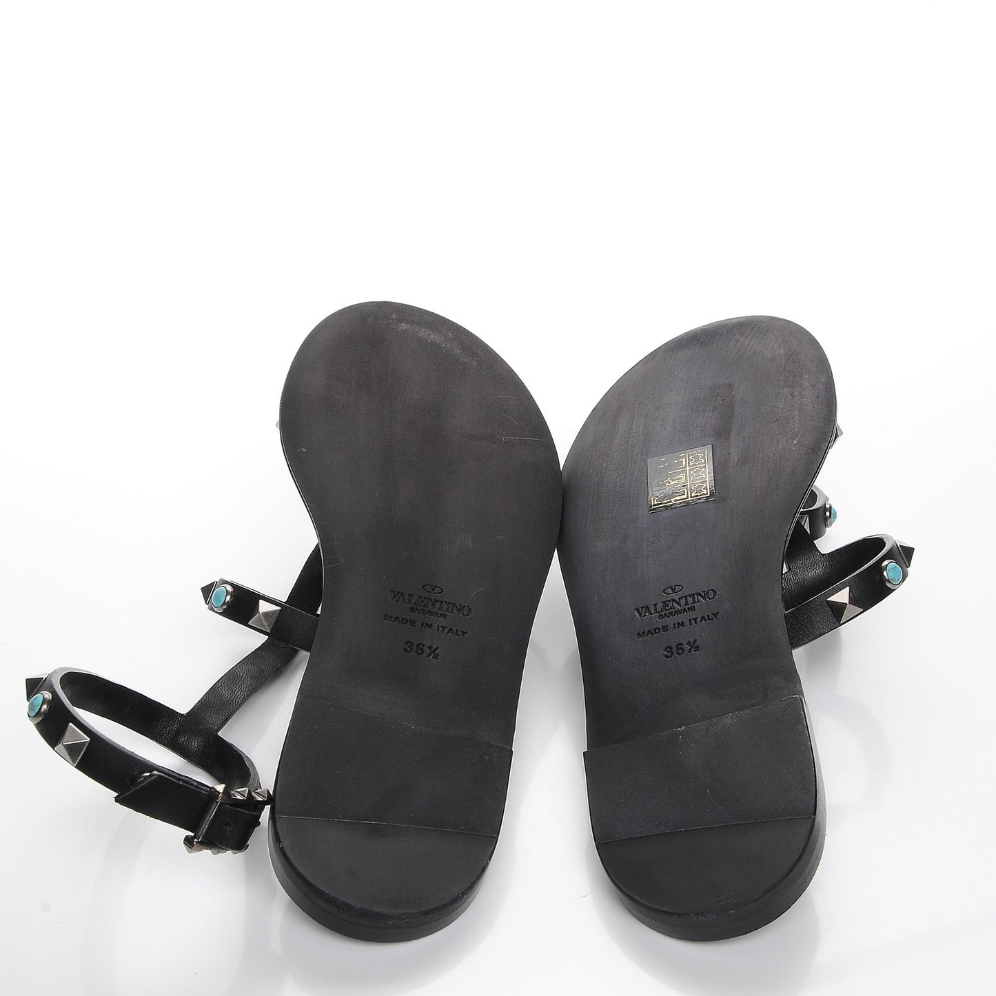 Calfskin Rockstud Rolling Ankle Strap Flat Sandals 36.5 Black