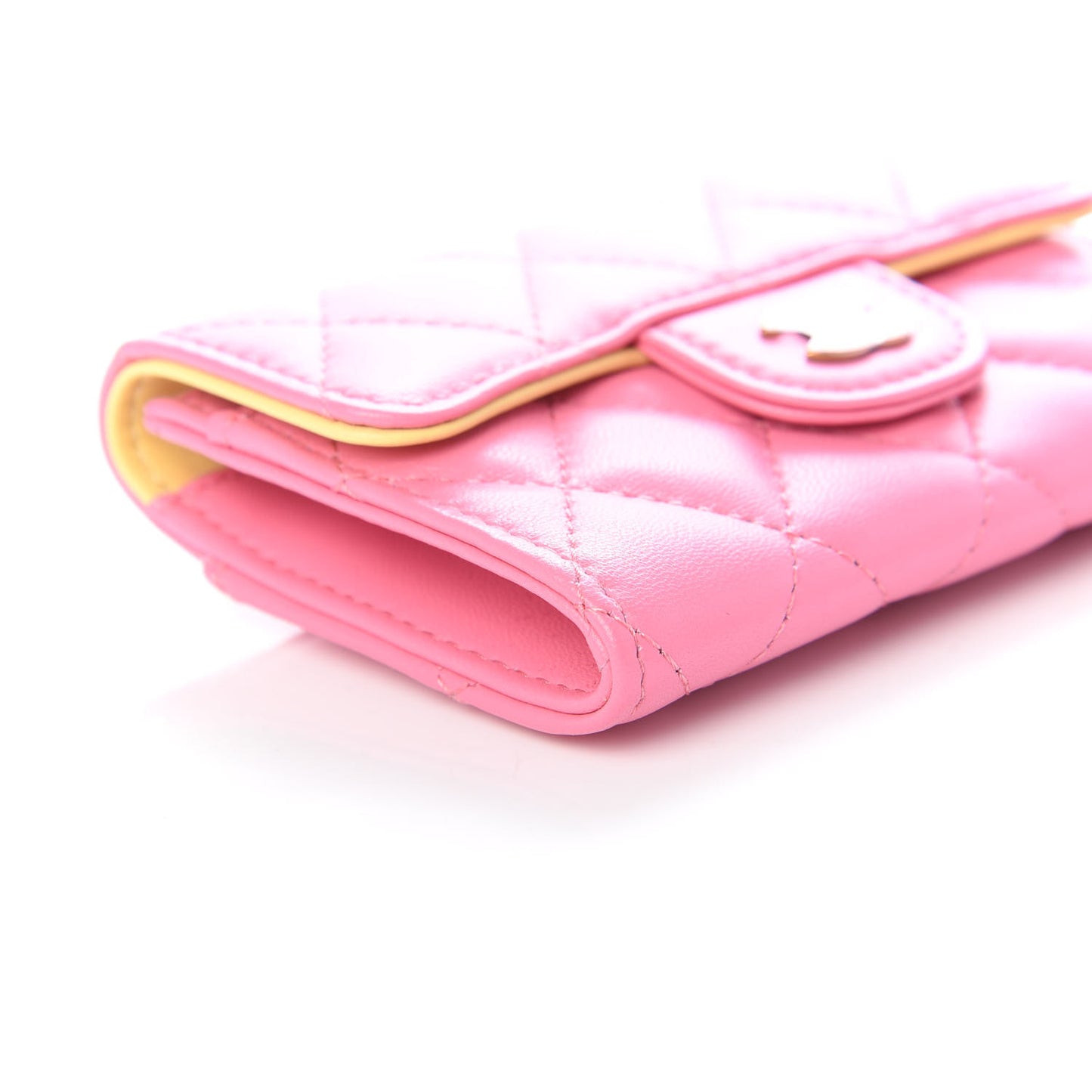 Lambskin Quilted Flap Card Holder Wallet Pink Yellow