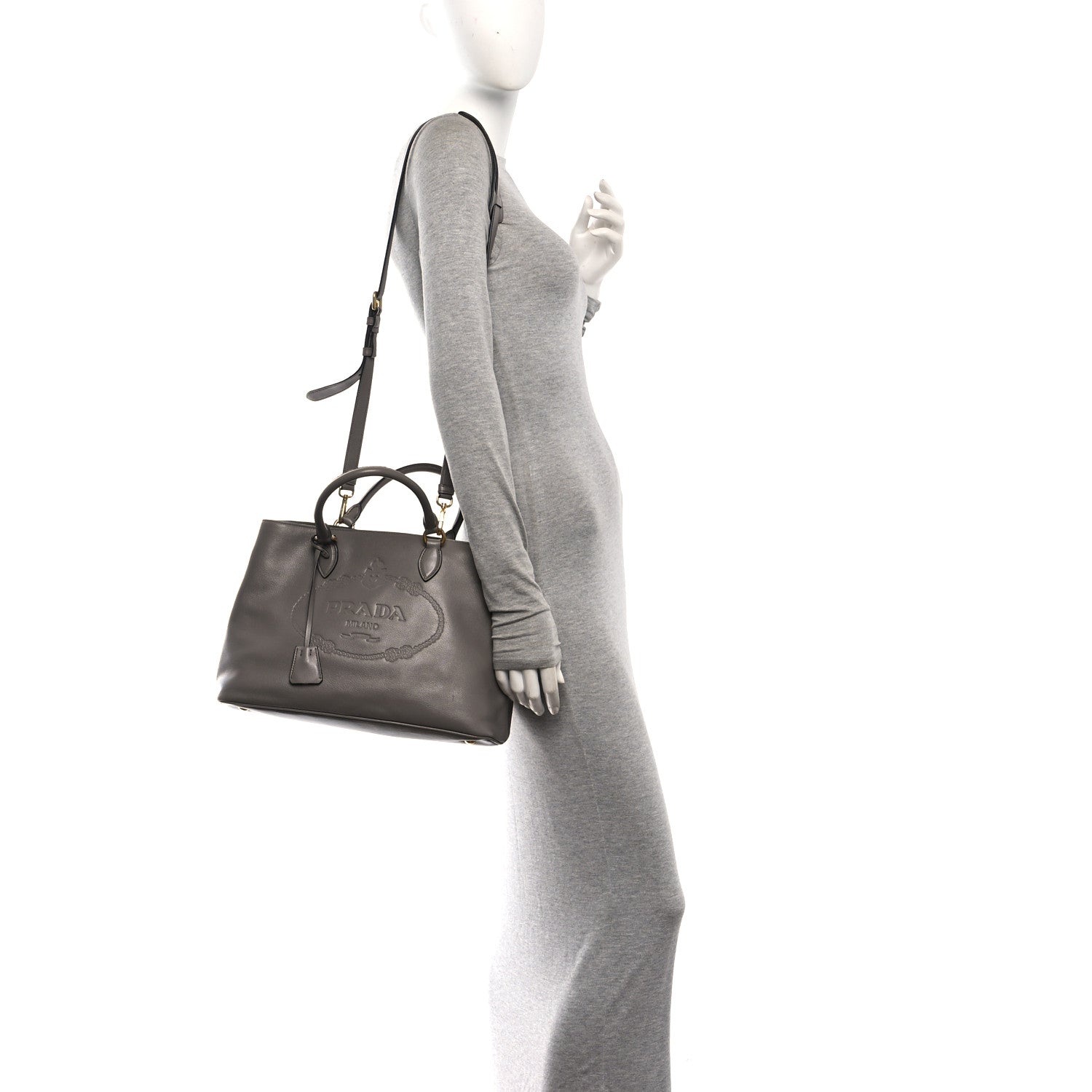 Prada Glace Calfskin Embossed Logo Tote Argilla 2 of 10