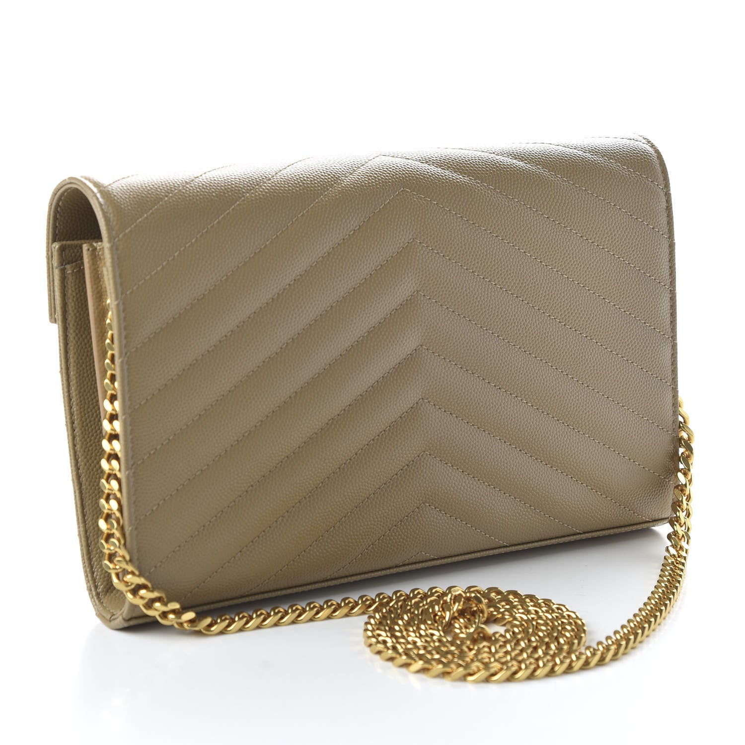 Saint Laurent Grain De Poudre Matelasse Chevron Monogram Chain Wallet Deep Beige 3 of 10