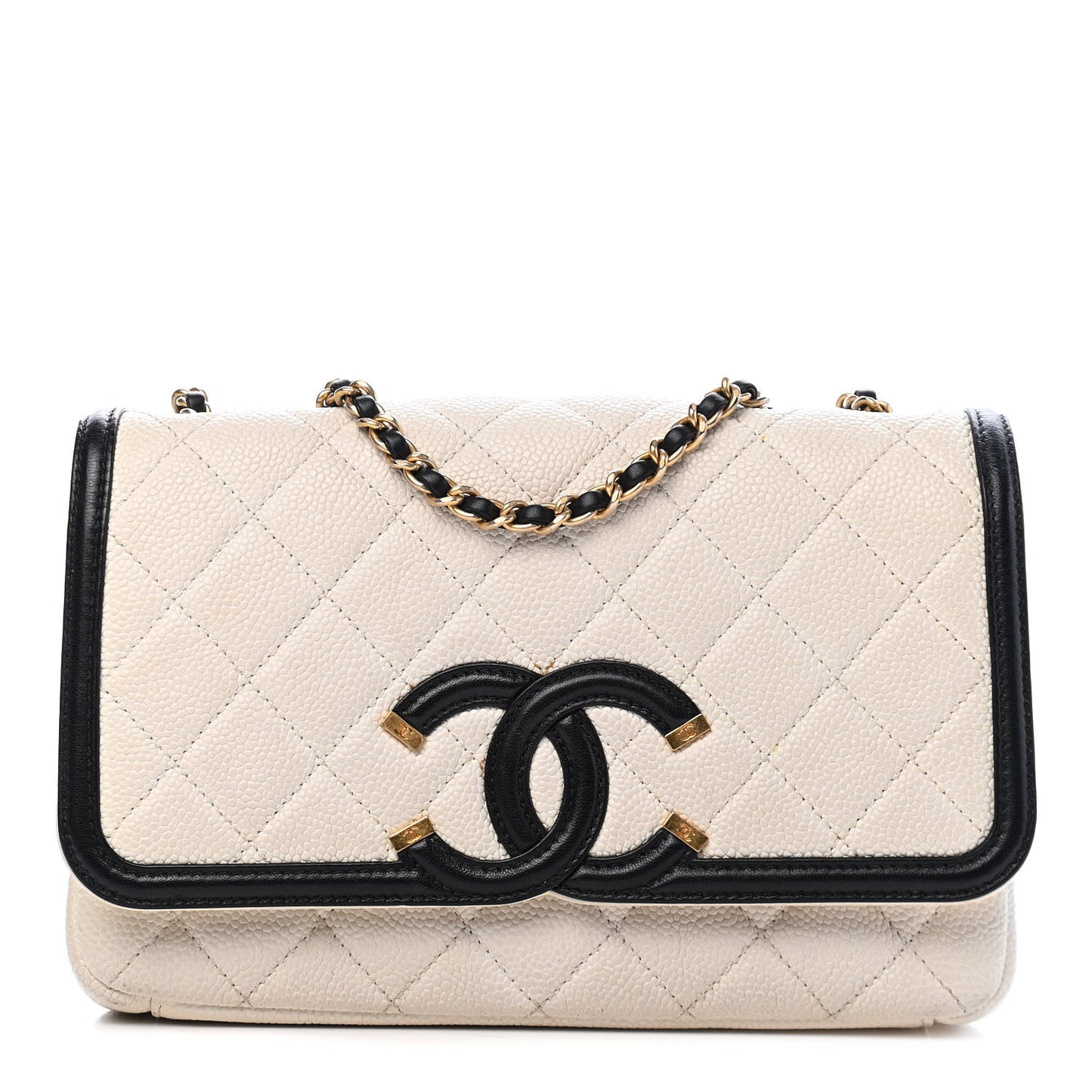 Caviar Quilted Small CC Filigree Flap White Black