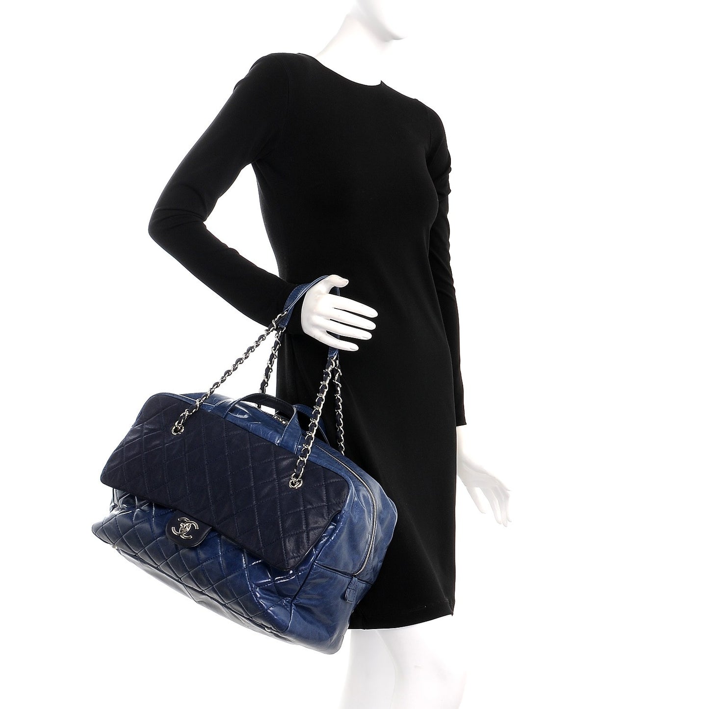 Glazed Calfskin Quilted Travel Flap Tote Blue