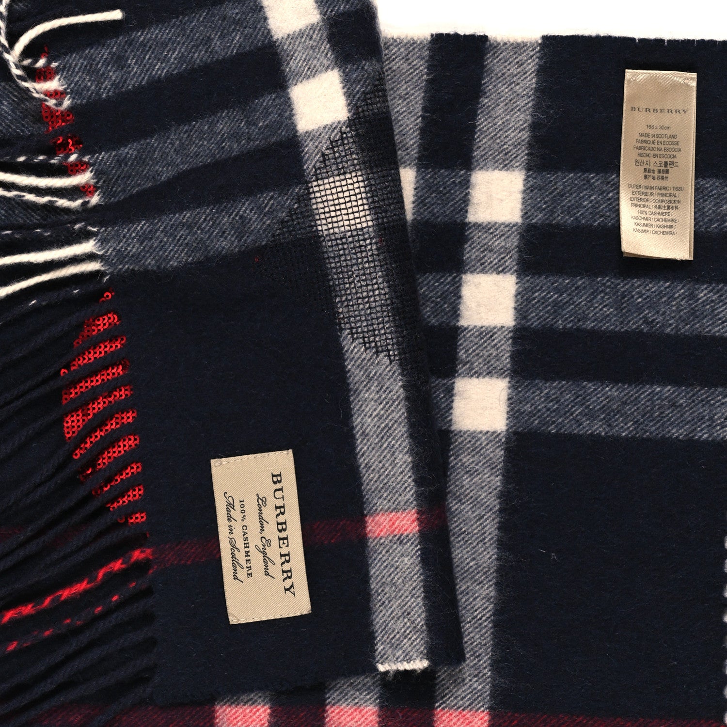Burberry Cashmere Sequin Check Heart Fringe Scarf Navy Red 3 of 4